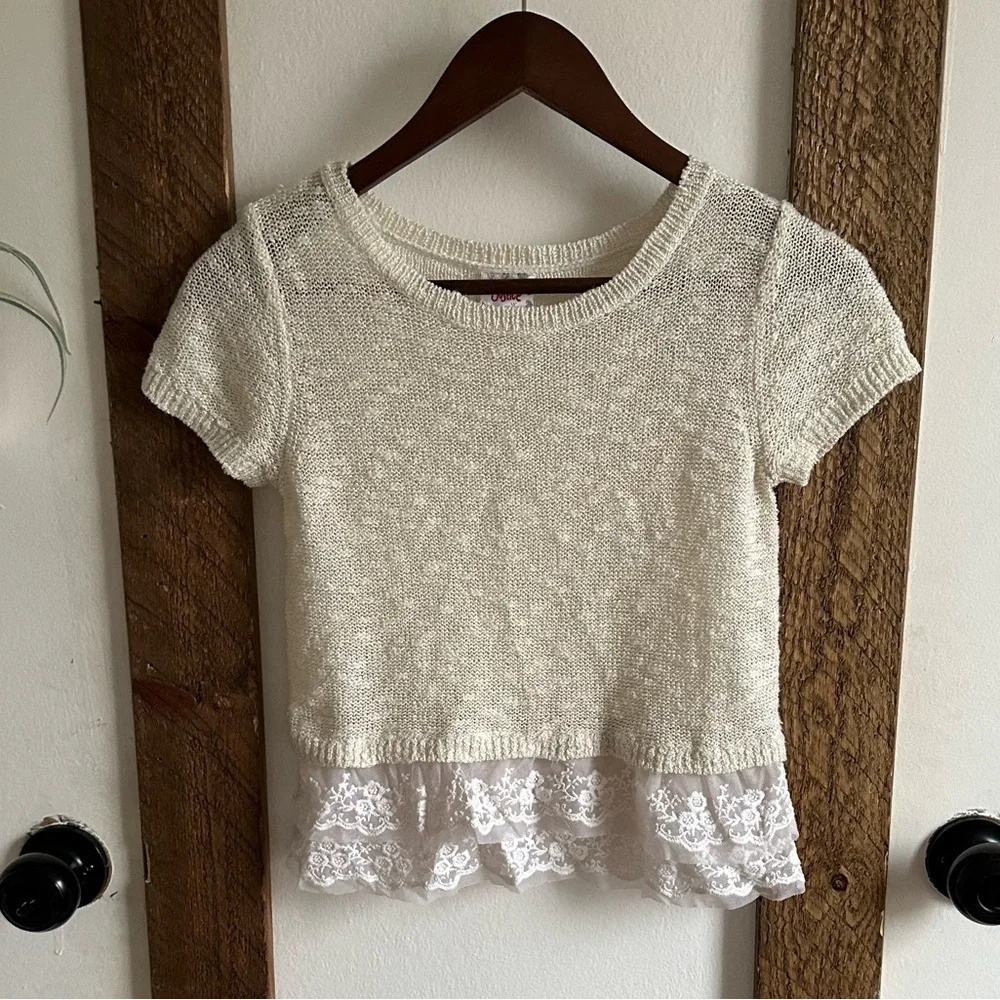 Justice Girls Short Sleeve Sweater Blouse Lace Tulle Bottom Size 12 Like New
